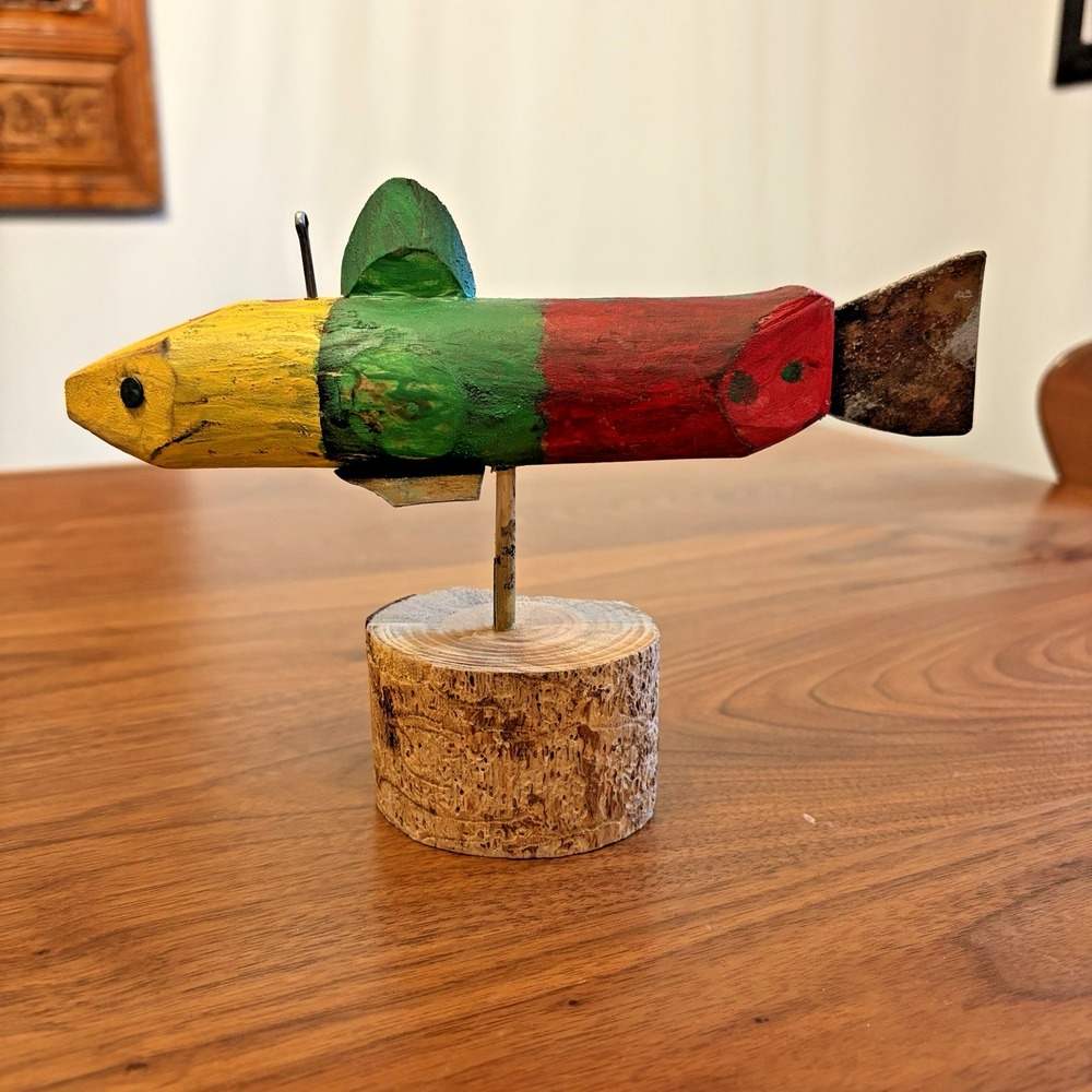 Wooden Fishing Decoy Metal Fins Folk Art Cabin Lodge Decor Hand Painted Fish